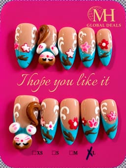 Ten almond-shaped press-on nails with turquoise tips, flowers and raised character details on pink packaging.