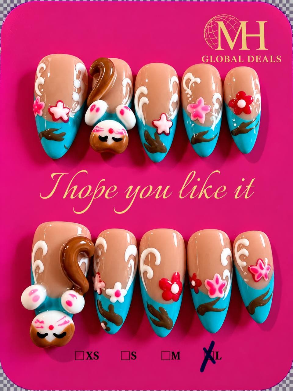 Ten almond-shaped press-on nails with turquoise tips, flowers and raised character details on pink packaging.