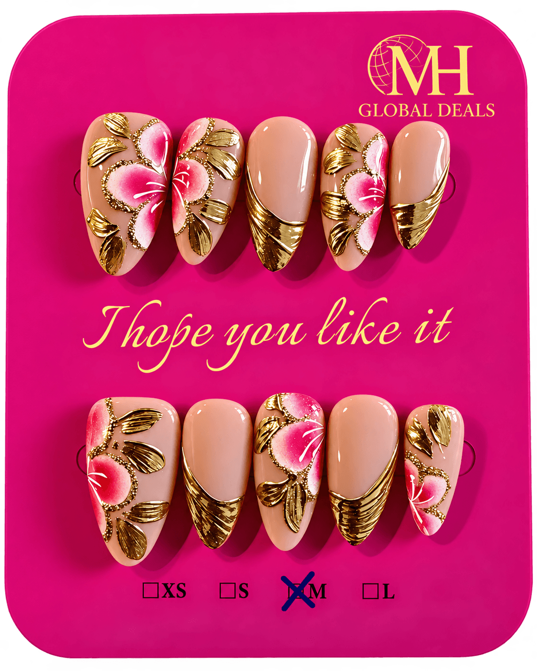 Ten almond-shaped nails with pink blossoms, metallic gold leaves and gold tips on a nude base.