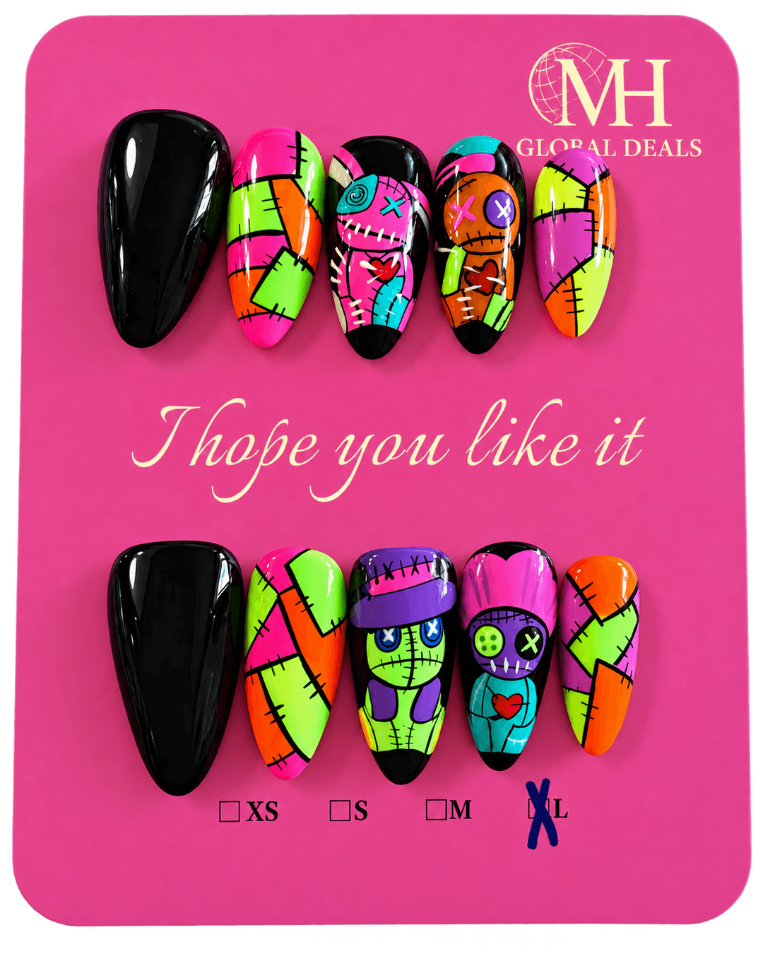 Ten glossy almond-shaped nails with black, neon patchwork, stitched characters and heart details.