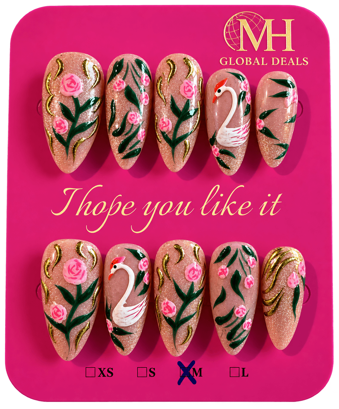 Ten almond-shaped nails with pink roses, white swans, green leaves and gold swirls over a sparkling nude base.