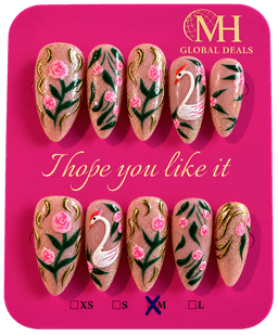 Ten almond-shaped nails with pink roses, white swans, green leaves and gold swirls over a sparkling nude base.